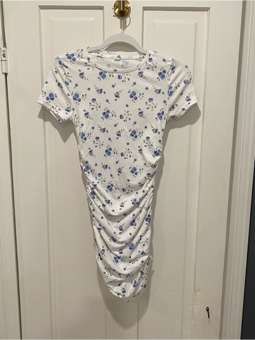 White Floral Ruched tee shirt Dress - Blue Floral Print